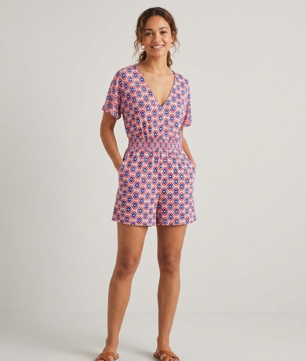 Boden Smocked Jersey Playsuit Romper Multicolor Rubicondo Diamond Wave US 14